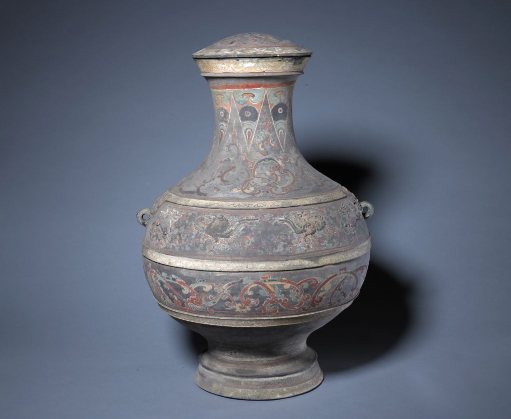 图片[1]-Painted pottery pot with embossed dragon and phoenix patterns-China Archive